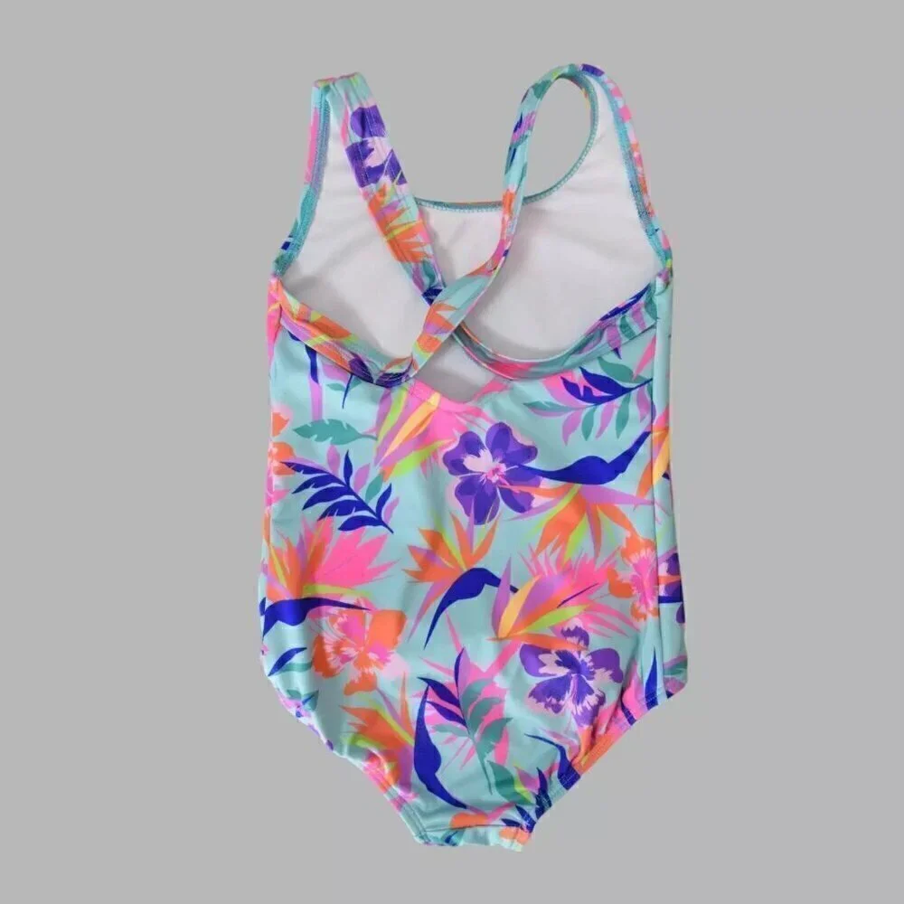 LANDS' END GIRL'S AQUA TROPICAL ONE-PIECE SWIMSUIT UPF 50